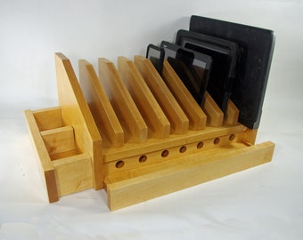 Handmade Charging Station - X-Large Tablet Horde Plus - Honey Maple Finish - 8 Bays, Key Tray, Earbud Tray, 2 UniMounts for USB Chargers