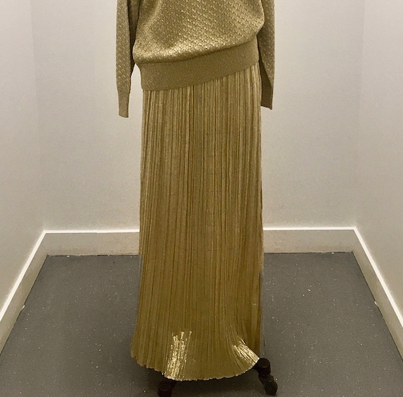 Vintage 1970s Metallic Pleated Maxi Skirt | Large
