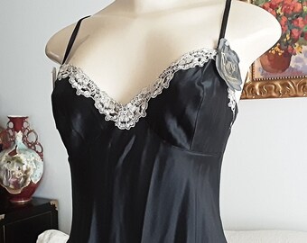 Vintage Black Silk Stretch Romper with Ecru Lace  Bust 42 Inches Size M New Old Stock New with Tag