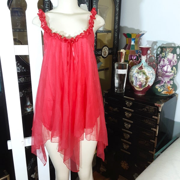 Vintage Double Layer Chiffon Red Baby Doll Nightgown Ruffled Neckline Hankie Hemline Bust 35 Inches Possibly Size Small