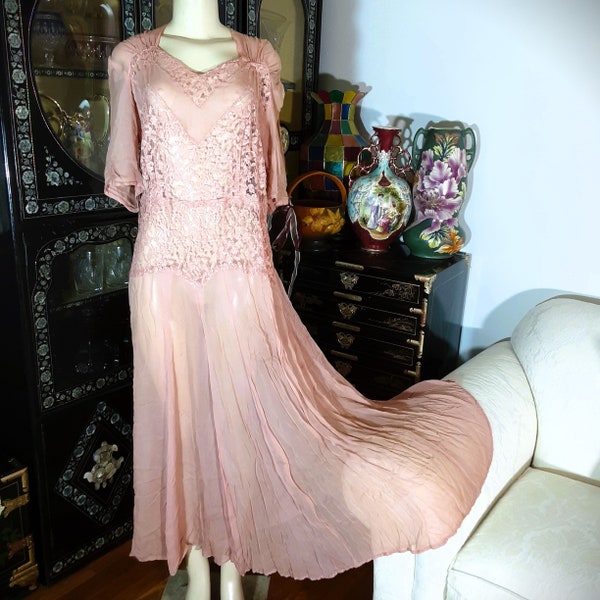Antique 1920s Flapper Era Dress Sheer in Lace Pintucks and Pleats Sweeps to 124 inches Bust 44 Inches Possibly Size L in Silk
