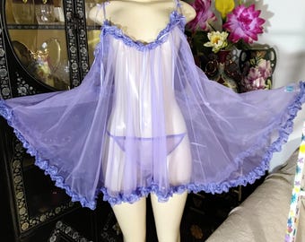Vintage Plus Size 3X Baby Doll Nightgown Set Sheer Lavender Bust 52" Sweeps 174"