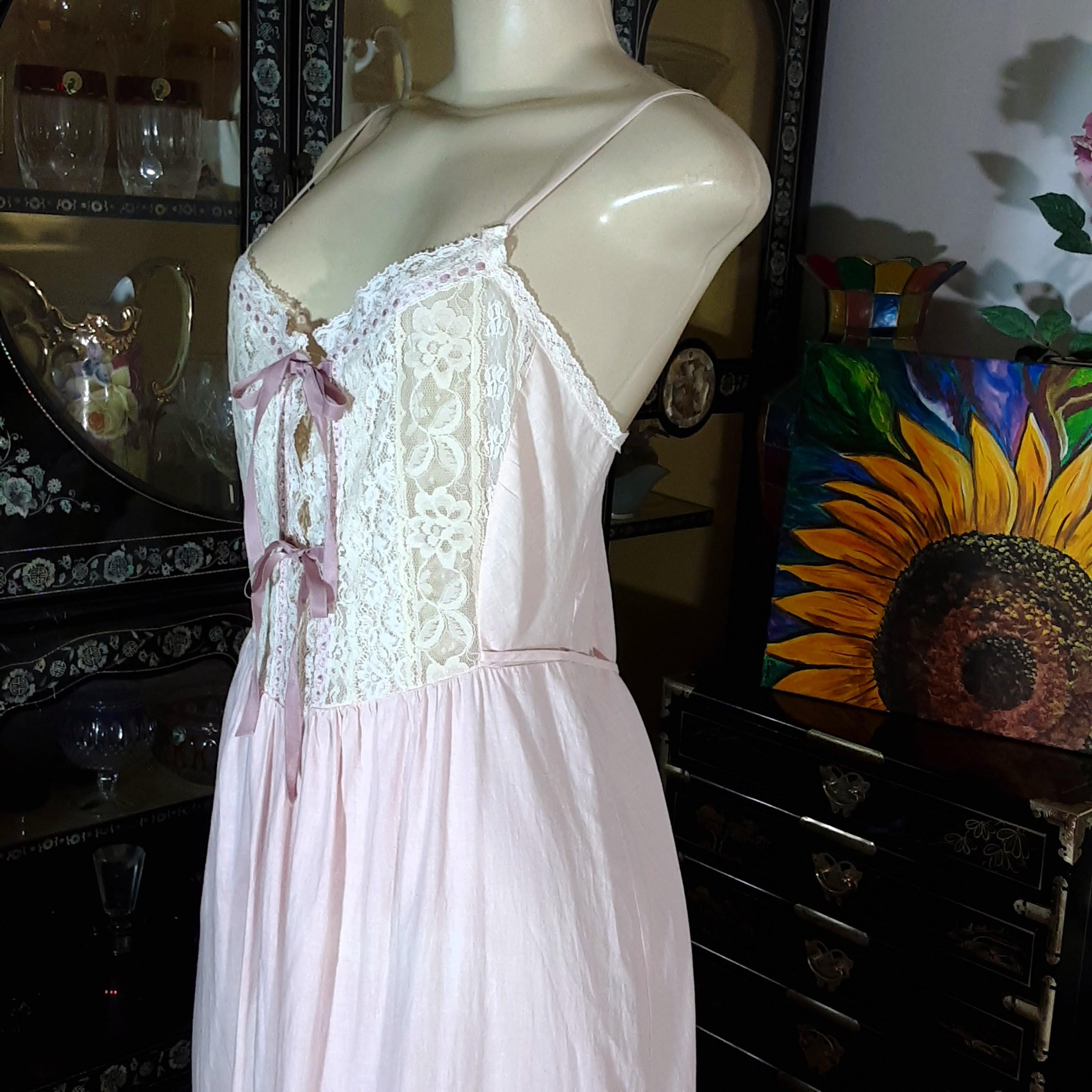 Vintage 100% Cotton Nightgown by Miss Dior Union Made in Pink with Lace and Satin Ribbons Tie Back Bust 36 Inches Size M
