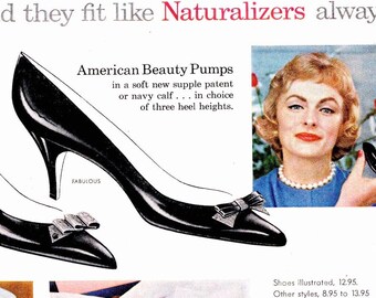 1950s HIGH HEELS SHOES Ad, 10x14 Vintage Advertisement, Naturalizer Shoes, American Beauty Pumps, Women 1950s Fashion, Vintage Home Decor