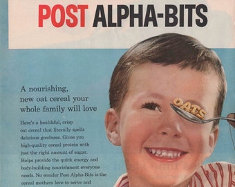 1940s POST ALPHA-BITS Cereal Ad, 10x14 Original Vintage Magazine Advertisement, Wholesome Boy, Kitchen Breakfast Decor, Children in 40s