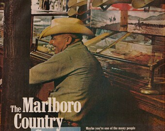 1970s MARLBORO CIGARETTES Ad, 10x13 Magazine Advertisement, Marlboro Country Store Ad, Western Cowboy Theme, Masculine Decor