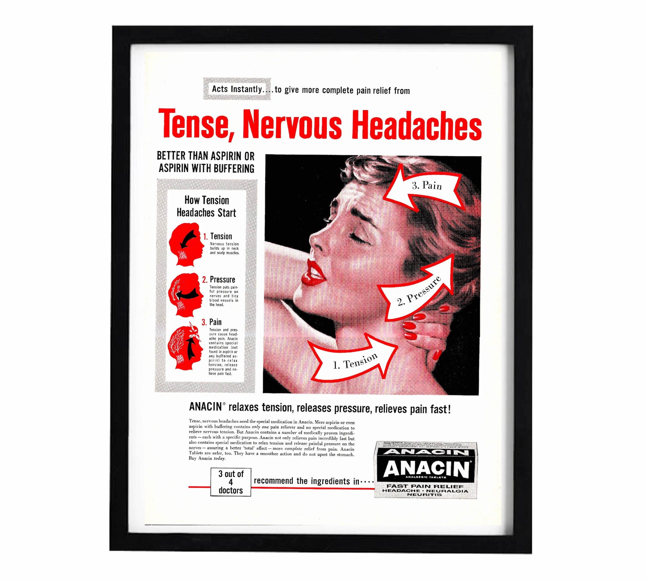 1950s ANACIN Headache Medicine Advertisement 11x14 Vintage