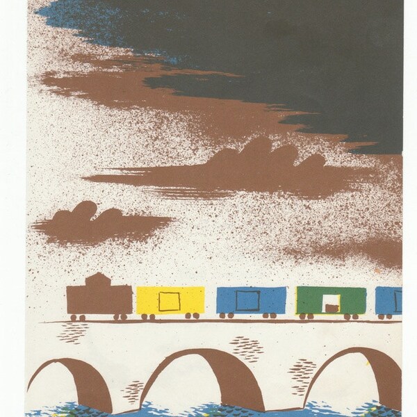 Vintage Wall Art train on bridge, 1940s Vintage print graphic, colorful train, childrens picture book 1940 Margaret Wise Brown