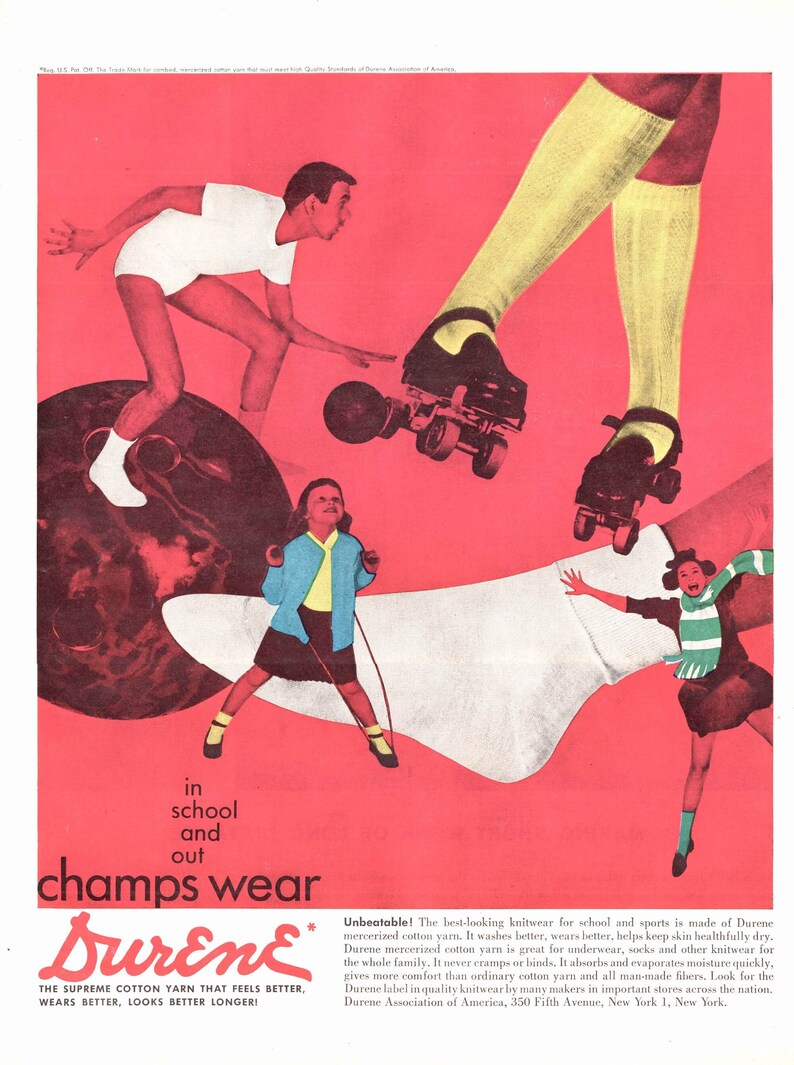 1950s ROLLER SKATING Ad, 10x14 Original Vintage Magazine Advertisement, Champs Knitwear Ad, Vintage Home Decor image 1
