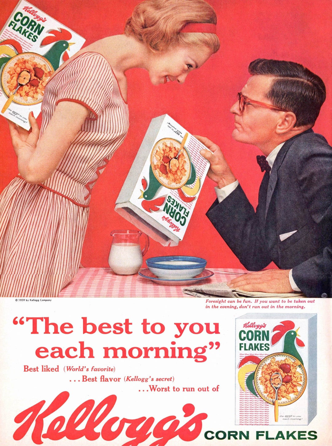 1950s KELLOGGS CORN FLAKES Ad, 10x14 Vintage Breakfast Cereal  Advertisement, Red Kitchen Decor, Housewarming Gift, 50s Married Couple -   Canada