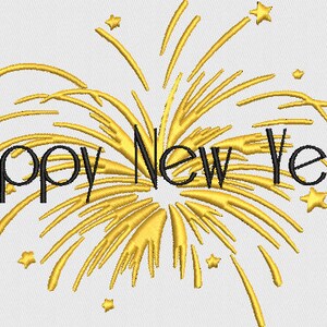 May include: Happy New Year! greeting with a gold firework design and small stars.