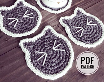 Cat Face Drink Coasters, Crochet PDF Pattern, English Pattern