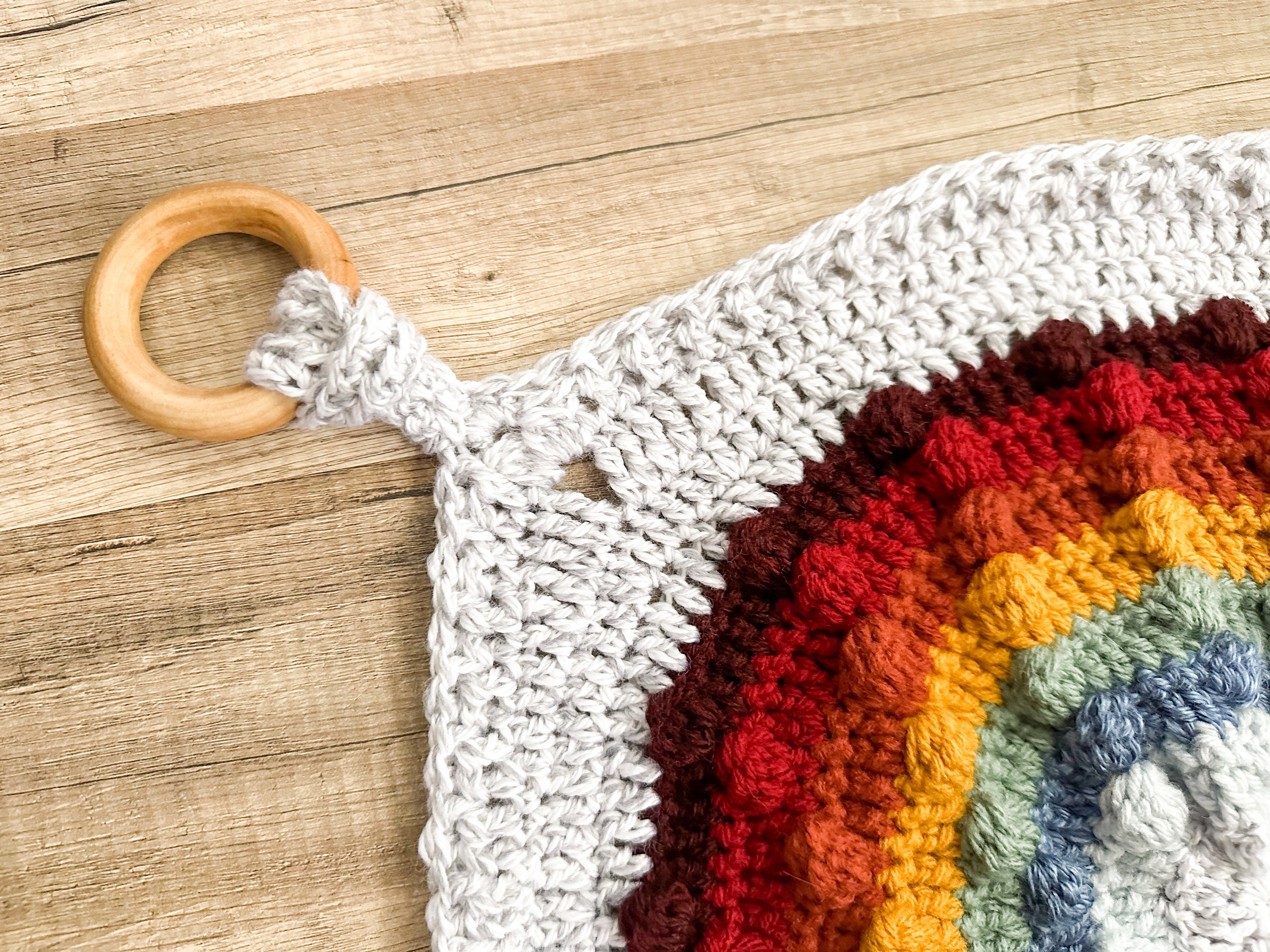 Handmade Crochet Rainbow Boho Lovey Blankie With Wooden Ring
