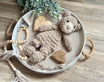Doudou ours en peluche Lovey au Crochet Doudou ours en peluche brun Lovey peluche jouet au Crochet moderne Stuffie idée cadeau pour bébé