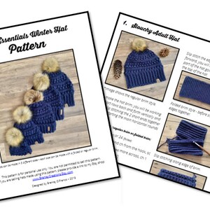 May include: A crochet pattern for a slouchy adult winter hat. The pattern includes instructions for making the hat with a regular brim or a folded brim. The image shows a blue hat with a pom-pom on top.