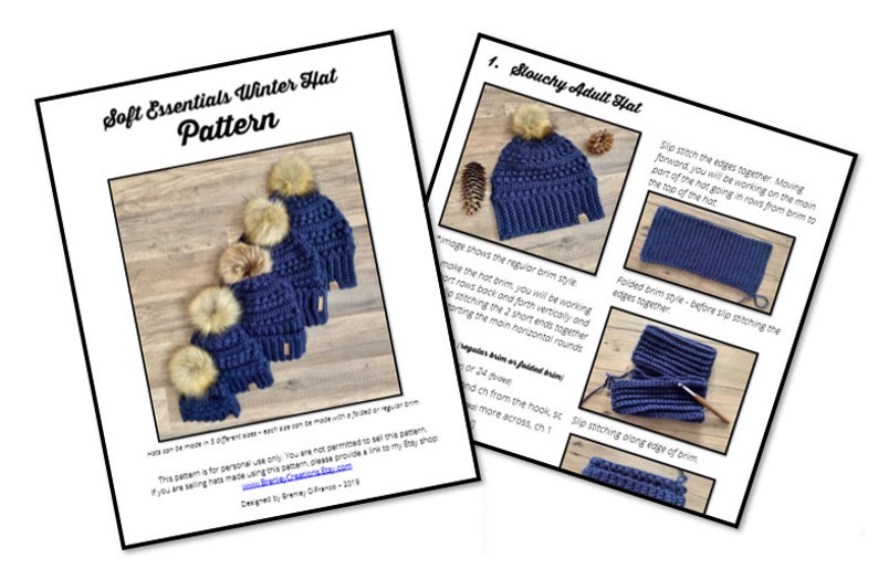 May include: A crochet pattern for a slouchy adult winter hat. The pattern includes instructions for making the hat with a regular brim or a folded brim. The image shows a blue hat with a pom-pom on top.