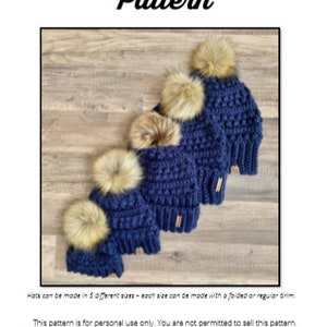 May include: Five blue crocheted winter hats with faux fur pom-poms. The hats are arranged in a row, with the largest hat at the top and the smallest hat at the bottom. The hats are made in different sizes, and each size can be made with a folded or regular brim. This pattern is for personal use only. You are not permitted to sell this pattern. If you are selling hats made using this pattern, please provide a link to my Etsy shop: www.BrenleyCreations.Etsy.com Designed by Brenley DiFranco - 2019