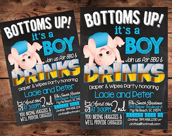 Bottoms Up Baby Shower Invitation - Funny Diaper Shower Invitation - Digital