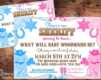 Sheriff Gender Reveal Invitation - Western Theme Baby Shower - Team Pink or Blue - Digital