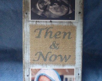 Then and Now baby boy son grandson light blue family love memories 2 photo  wood and burlap frame and plaque handmade in USA
