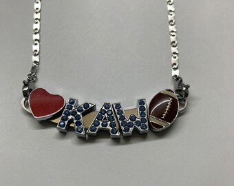 STL Battlehawks Football  KAW Football Necklace with Heart and Blue Rhinestone Slide Letter and Football Charm on Silver Bar