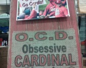 STL Cardinal baseball OCD red wood and burlap frame and plaque handmade in USA