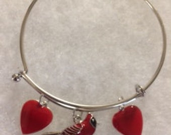 Red Cardinal Heart Love Dangle Earrings and Bangle Bracelet - very detailed, exquisitely designed and custom made cardinal earrings
