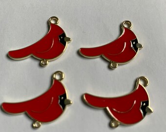 10 red gold painted enamel cardinal bird sport mascot connecter charms- very detailed and hard to find