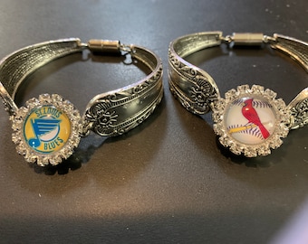 STL Cardinals Baseball, Blues Hockey, KC Chiefs  Rhinestone Embellished Magnetic Spoon Bracelet Made in US - 3 bracelets in one