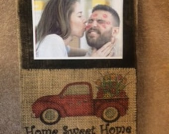 Home Sweet Home  red truck love relationship marriage family wife wedding life burlap and distressed wood plaque and frame handmade in USA