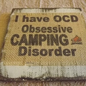 Humorous camping disorder distresssed wood and burlap frame handmade in USA