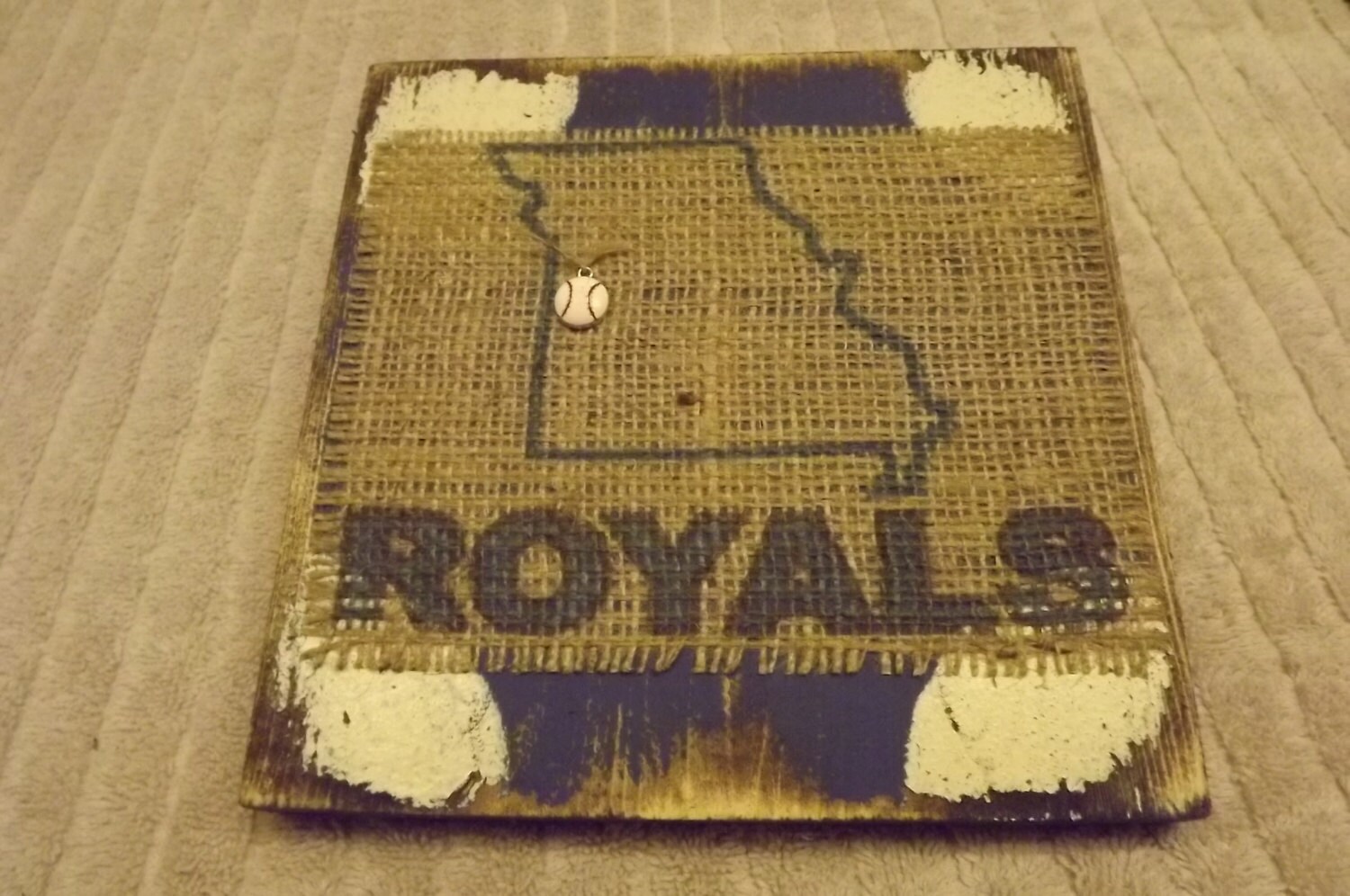 Royals baseball Missouri state baseball white and blue distressed  wood and burlap  plaque handmade in USA