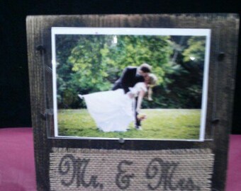 Mr. and Mrs. romance love marrriage wedding engagement distresssed wood and burlap frame handmade in USA