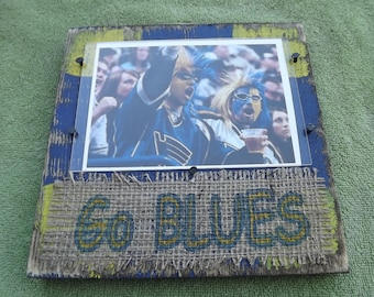 Blues Hockey St. Louis distresssed wood and burlap picture frame handmade in USA