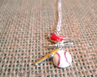 St. Louis Cardinals red and white baseball and cardinal and bat charm necklace