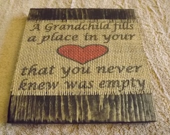 Grandparents and grandkids distresssed wood and burlap plaque handmade in USA