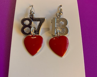 87 ~ 13  Kelce-Swift number and red hearts  KC CHiefs  dangle earrings