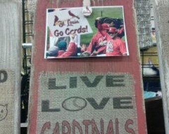 STL Cardinal baseball Live Love red wood and burlap frame and plaque handmade in USA