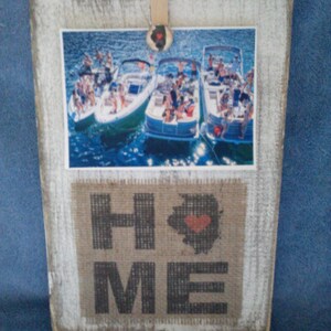 HOME  Illinois state family memories born raised  burlap and distressed wood plaque and frame handmade in USA