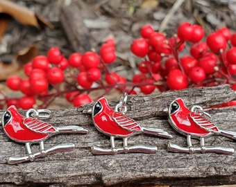 12 red painted enamel cardinal bird sport mascot charms- very detailed and hard to find