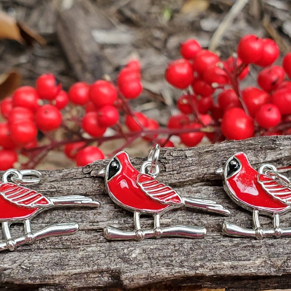 12 red painted enamel cardinal bird sport mascot charms- very detailed and hard to find