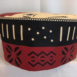 African kufi mud cloth print, black and white brown and beige.
