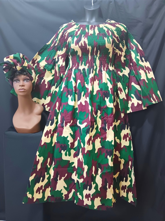 African print Dress. Elastic top to waist, pockets, long flowing full sleeves, ankle length, matching headwrap. 20% off. FREE Shipping.