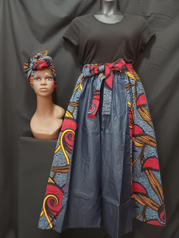 Africa print women's Palazzo Pants. Denim and Africa inspired fabric. Elastic waist, pockets and headwrap. 20% Off and Free Shipping.
