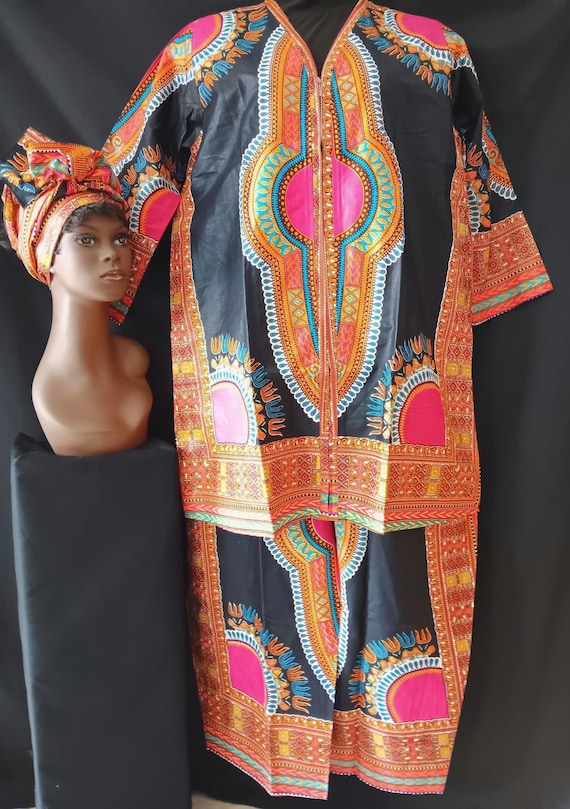 3 PC Africa inspired pants set, Jacket top, long sleeve zipper front, drawstring waist pants and matching headwrap. 20% off, Free Shipping.