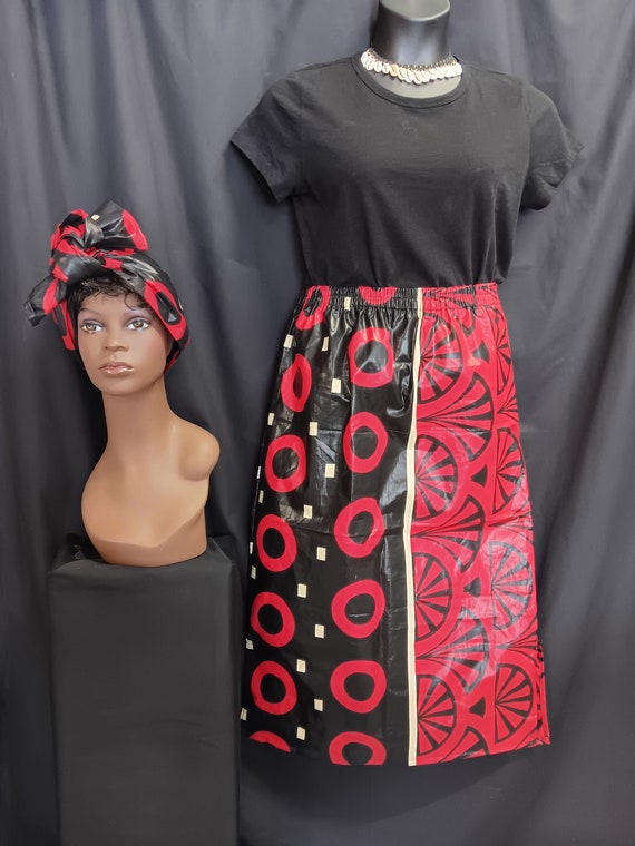 African Print straight Skirt with head wrap, pockets. Red, white and black brocade. Below knee length. 100% Cotton. Free Shipping