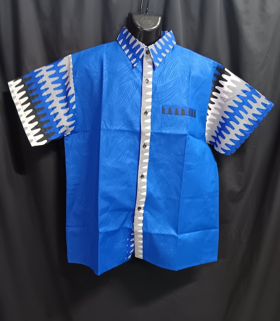 Africa inspired men's short sleeve shirt, button down front. Blue, gray, black trim Royal Blue brocade. Large - 44". Ships Free, 20 - 30% of