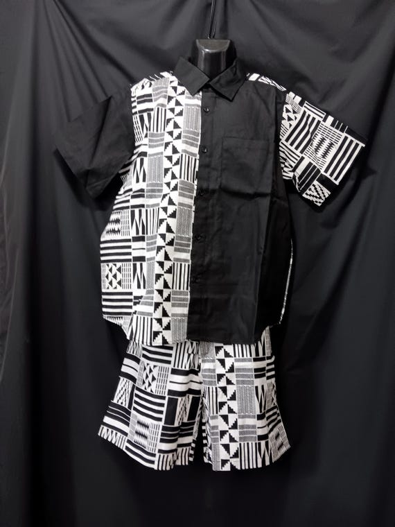 Africa inspired Men's shorts set 2pc. Short sleeve shirt has Button down front, chest pocket. Size Large only. 20% off. Free Shipping.