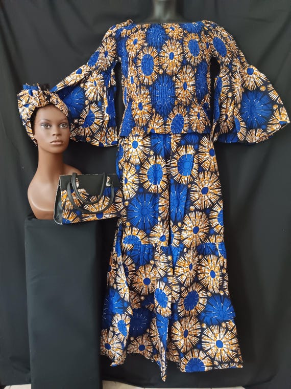Africa Print 4pc pants set with matching headwrap and purse. Elastic waist, pockets, wide legs with ruffle. 20% off, FREE SHIPPING.