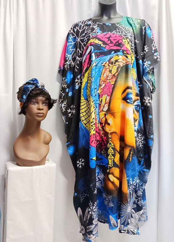 African Women's Kaftan with headwrap, 100% Polyester, digital print. Beautiful, colors, cool and comfortable. FREE SIZE. STYLE (1450)